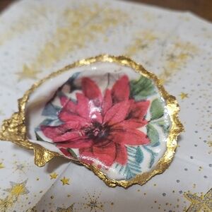 Hand Crafted  Oyster Shell with Red Pointsettia Design and Gold Trim.
